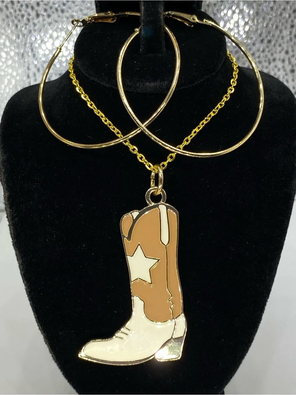 *** Southwestern ^^^ Cowboy Boot Pendant Necklace / Hoop Earrings *